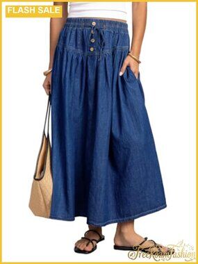 Women's Long Denim Pleated A-Line Midi Skirt Button Front Pockets